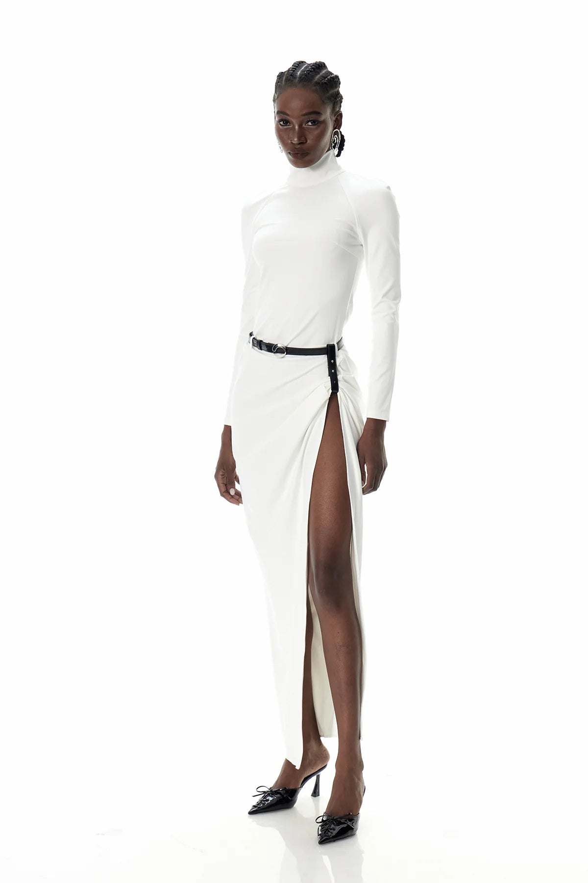 Long-Sleeve High Slit Belted Maxi Dress