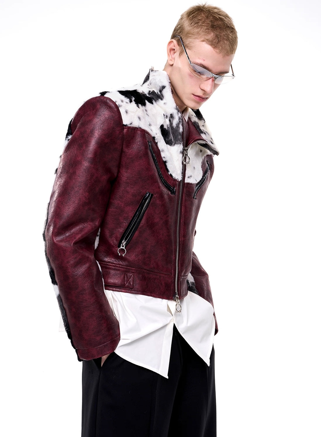 Cow Print Fur And Leather Contrast Splicing Jacket
