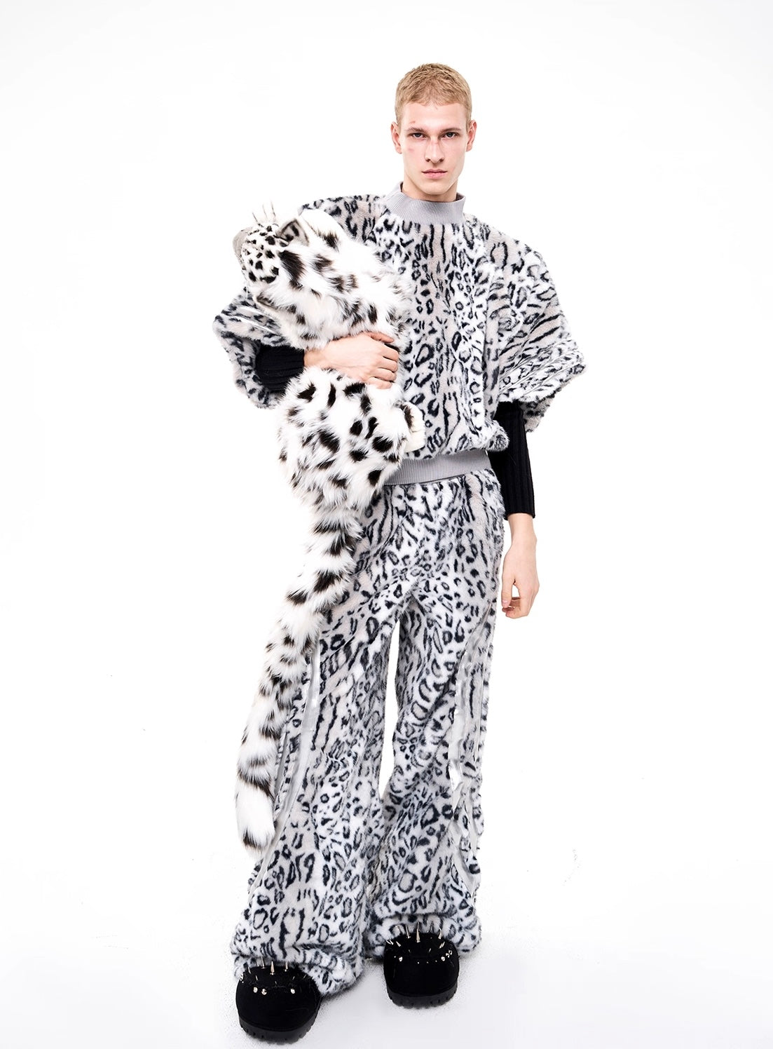 Leopard Print Fleece Fur Winter Sweatshirt And Pant