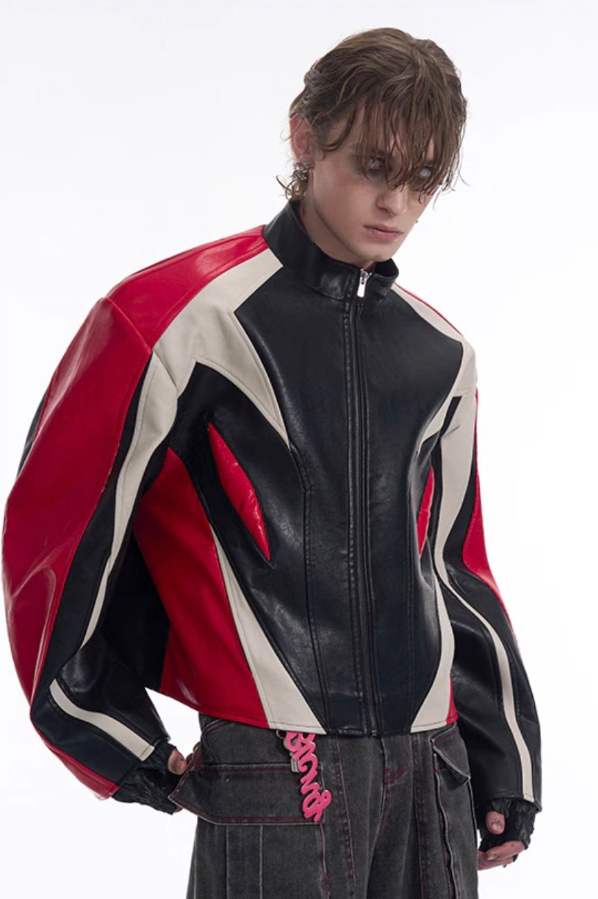 Curved-Sleeve Leather Racer Jacket