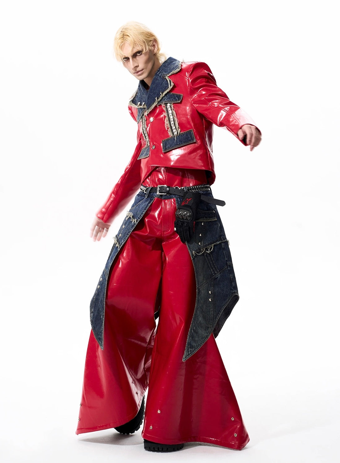 Techwear Style Leather Splicing Jacket And Wide Leg Pant Set