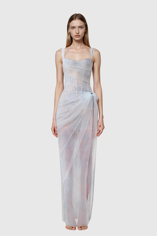 One-Shoulder Corset Mesh Maxi Dress