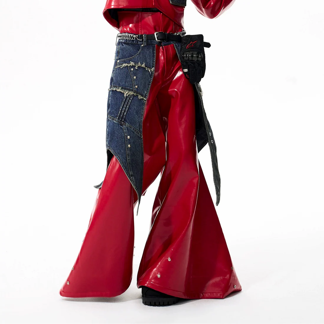 Techwear Style Leather Splicing Jacket And Wide Leg Pant Set