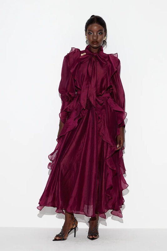 Ruffle Lace-Up Slim Waist Maxi Dress