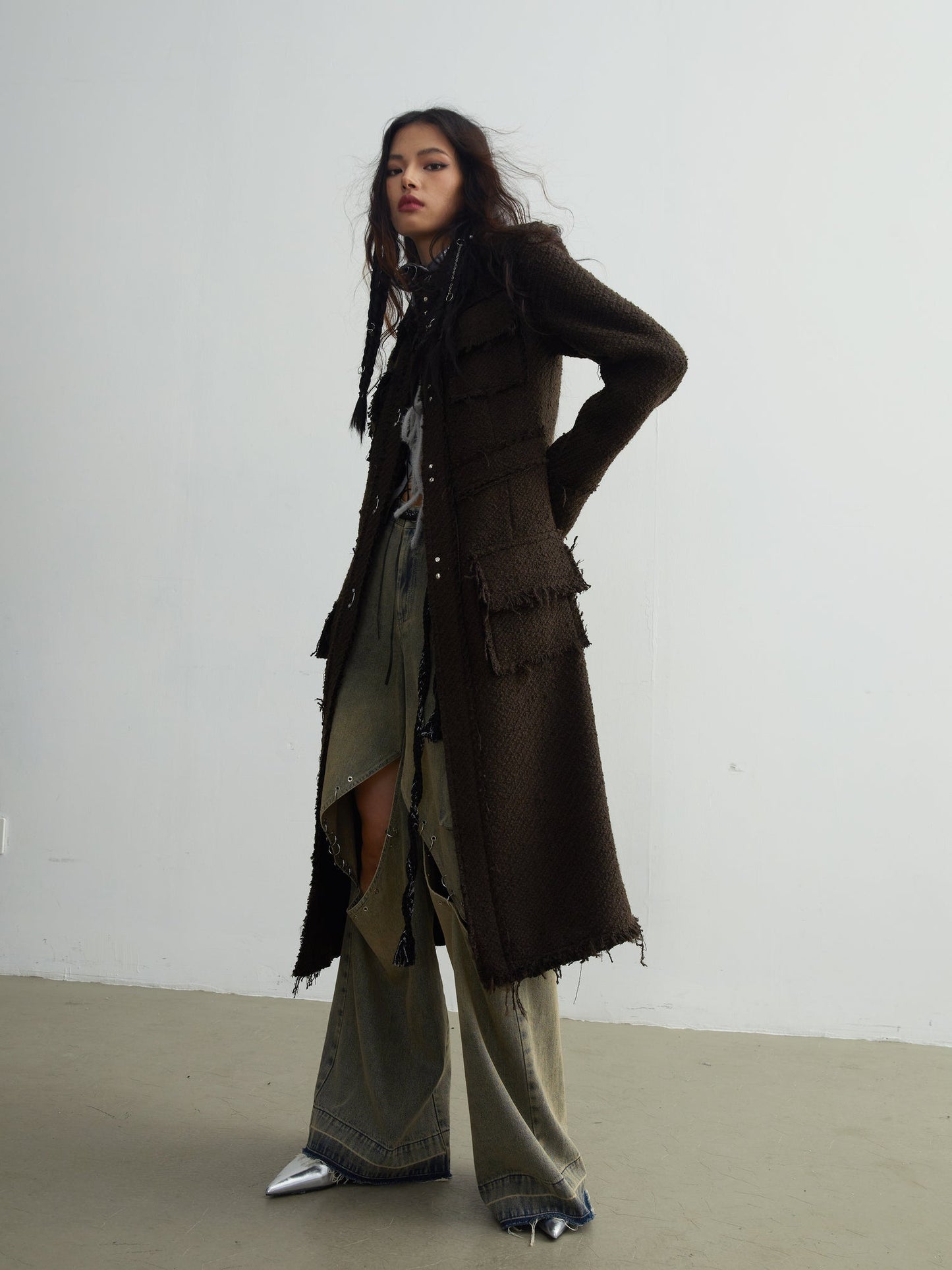 Tweed Raw Edge Tassels Long Coat