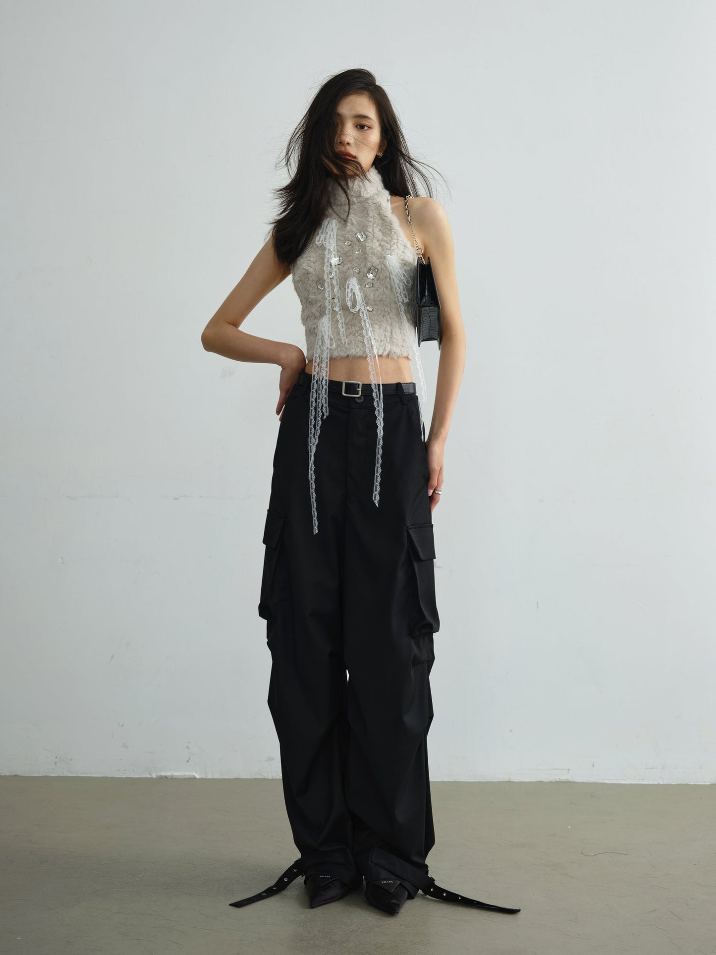 Fur Lace Tassels Rhinestone Tank Top