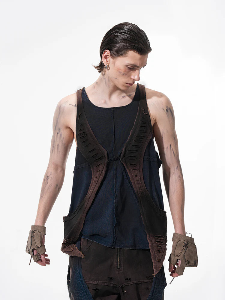 Vintage Patchwork Niche Pullover Sweater With Tank Top And Shorts