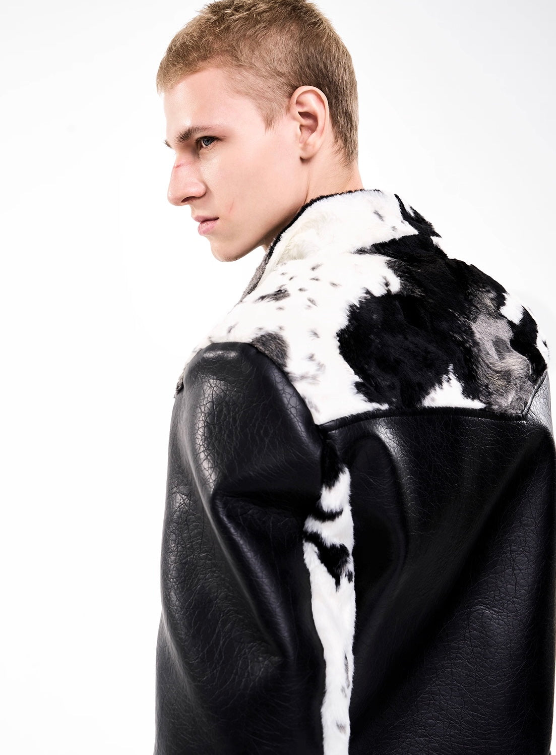 Cow Print Fur And Leather Contrast Splicing Jacket