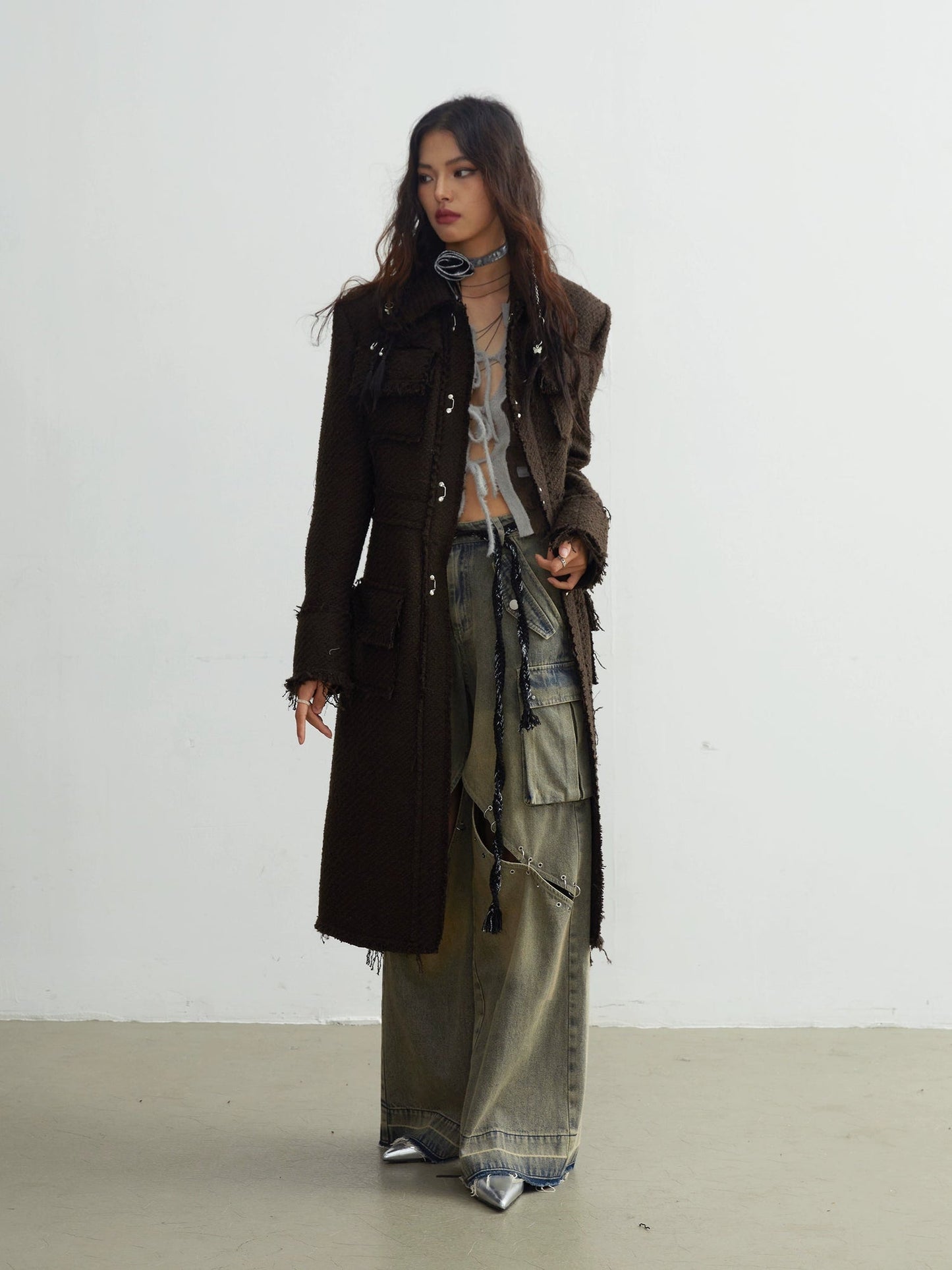 Tweed Raw Edge Tassels Long Coat