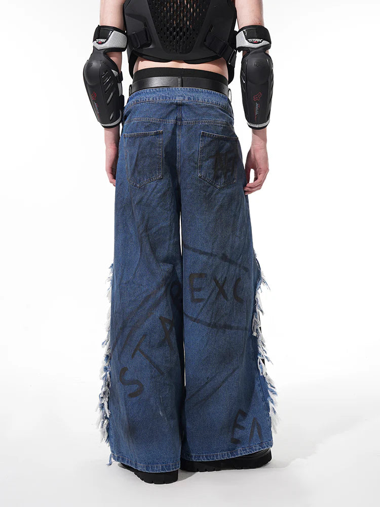 Fake Layered Raw Edge Wide-Leg Denim Pants