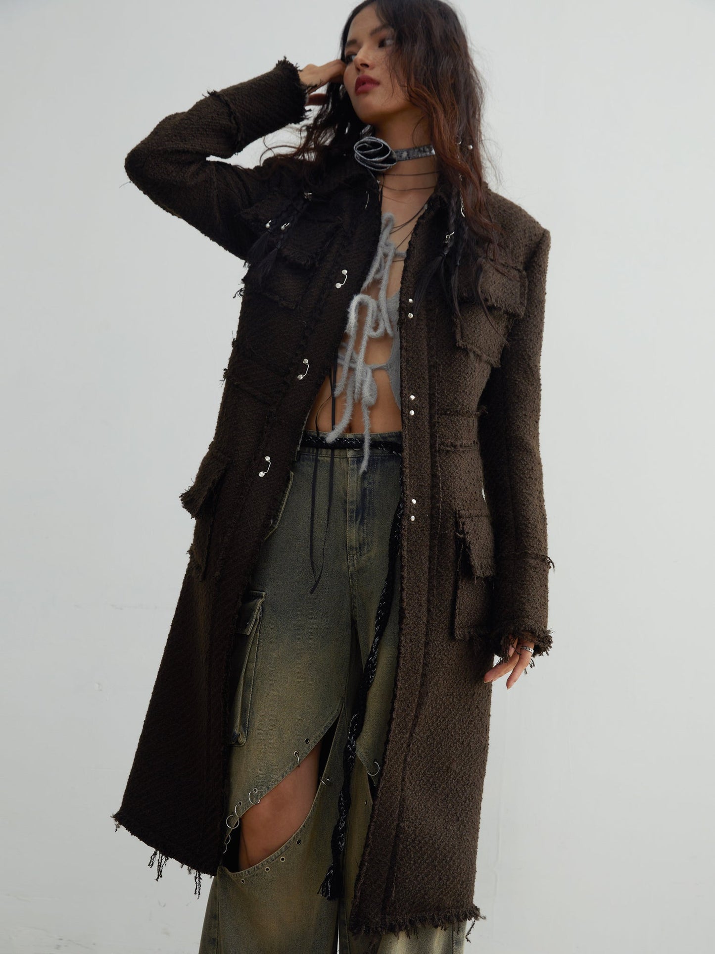 Tweed Raw Edge Tassels Long Coat