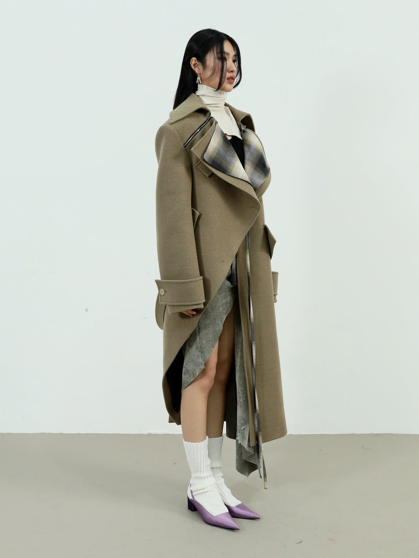 Asymmetrical Long Belted Trench Coat