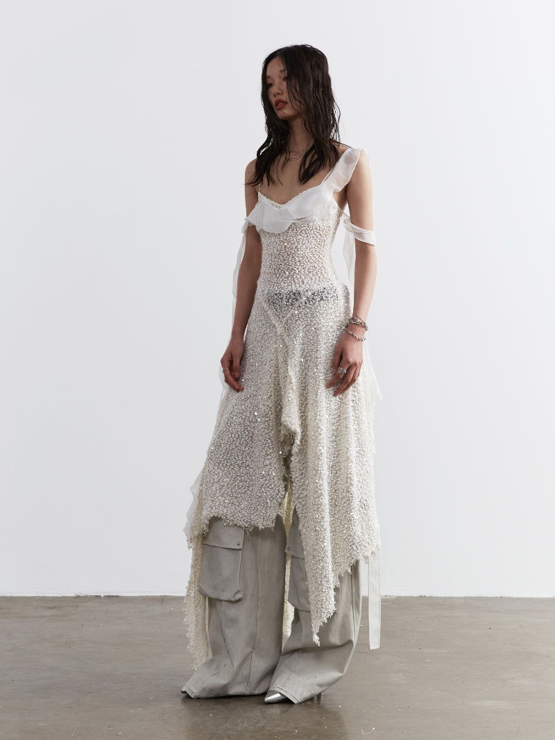 Mesh Sequins Layered Asymmetrical Dress