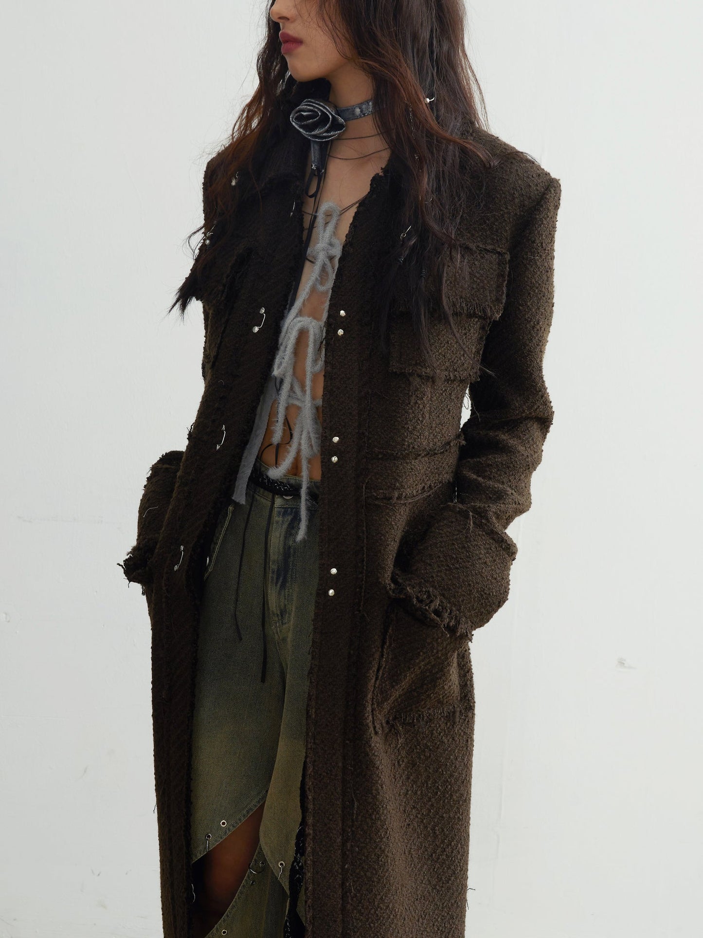 Tweed Raw Edge Tassels Long Coat