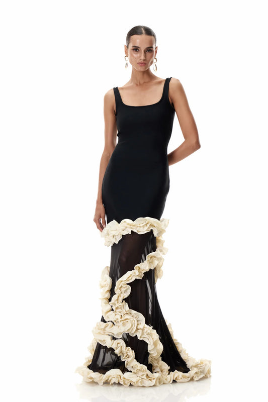 Asymmetrical Ruffle Maxi Bandage Dress