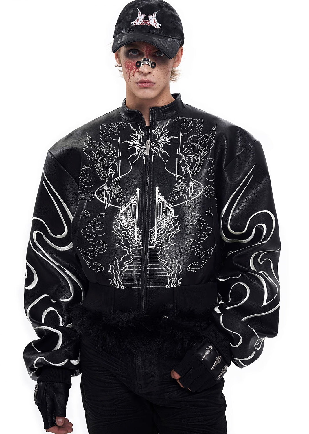 Embroidered Leather Racer Jacket