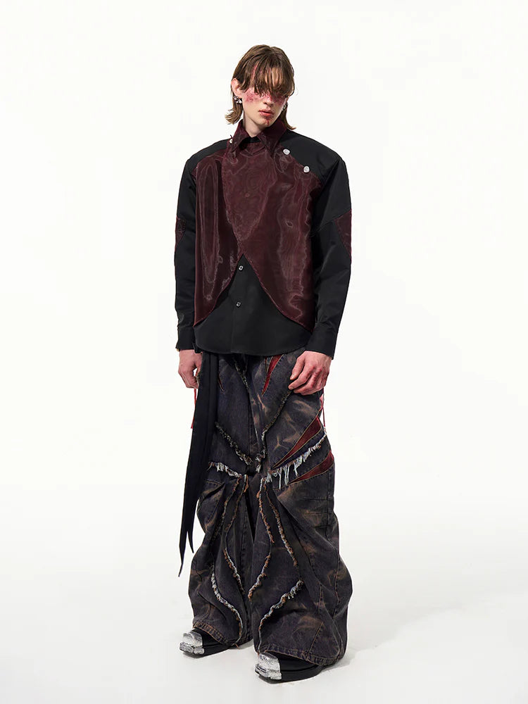 Mesh Shoulder-Pad Gauze Splicing Lapel Shirt