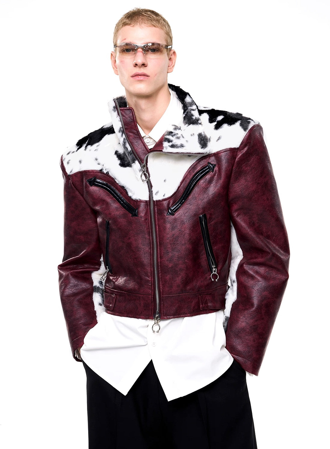Cow Print Fur And Leather Contrast Splicing Jacket