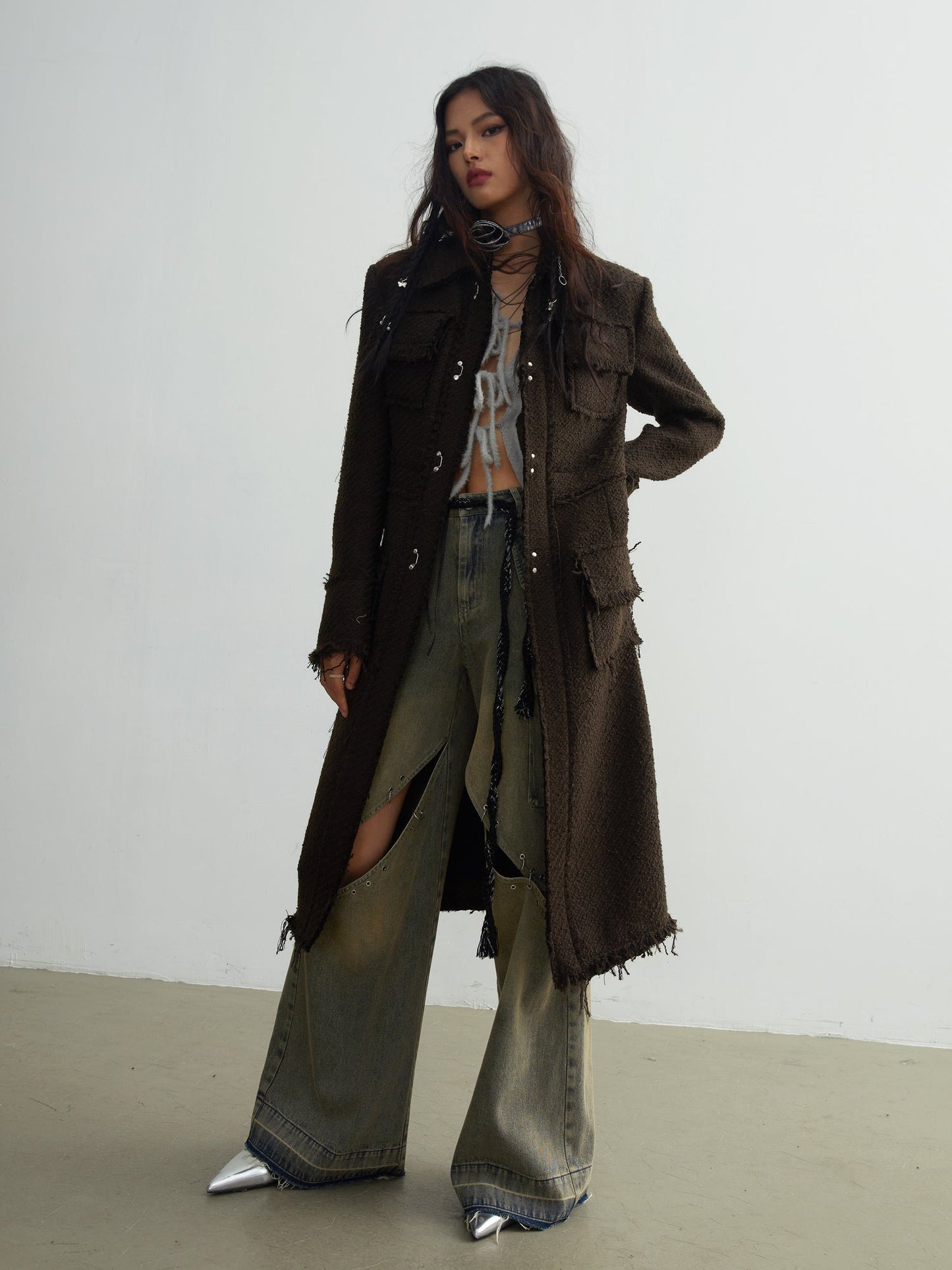 Tweed Raw Edge Tassels Long Coat