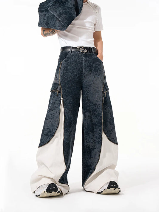 Color Contrast Splicing Baggy Denim Pant