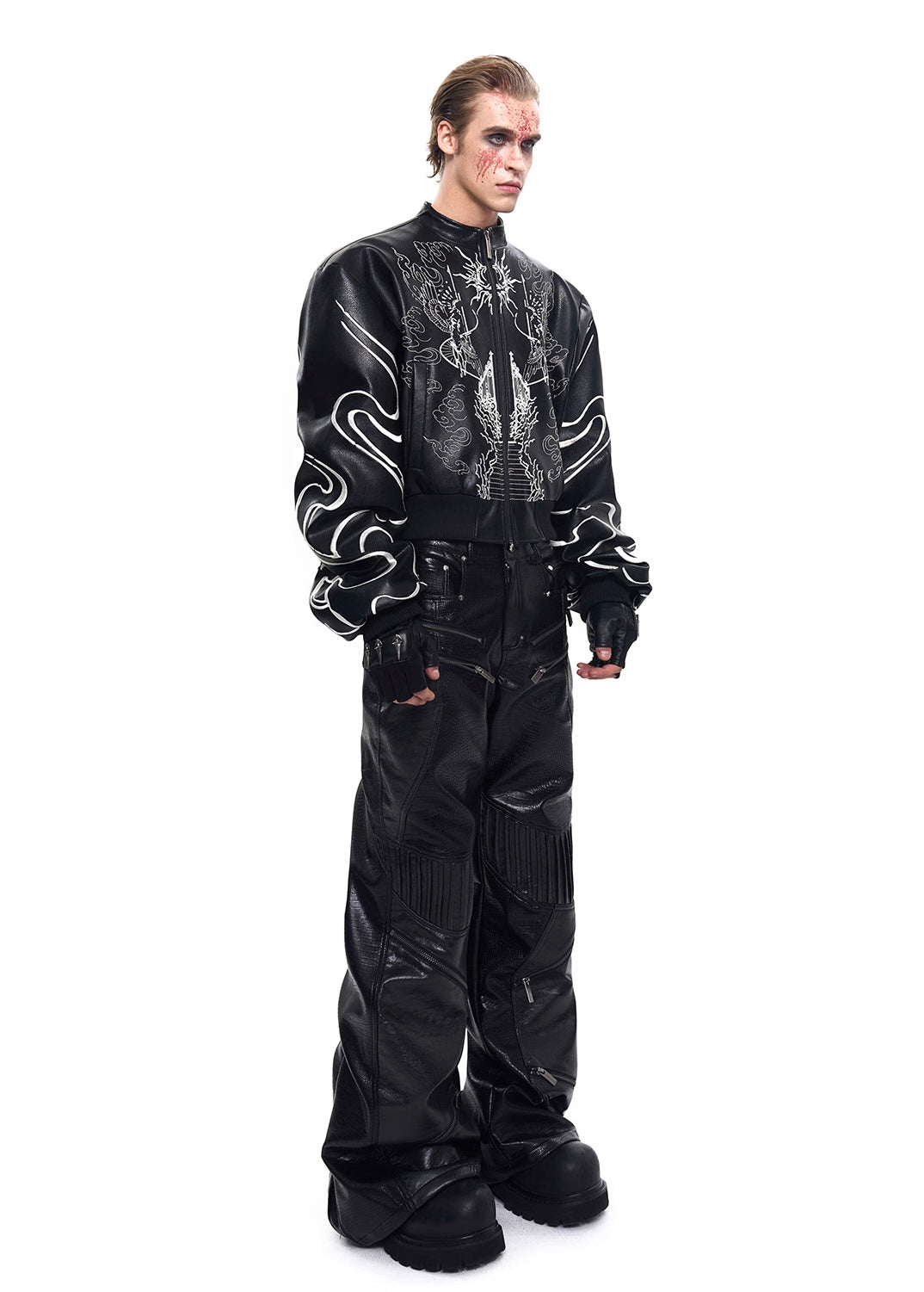 Embroidered Leather Racer Jacket