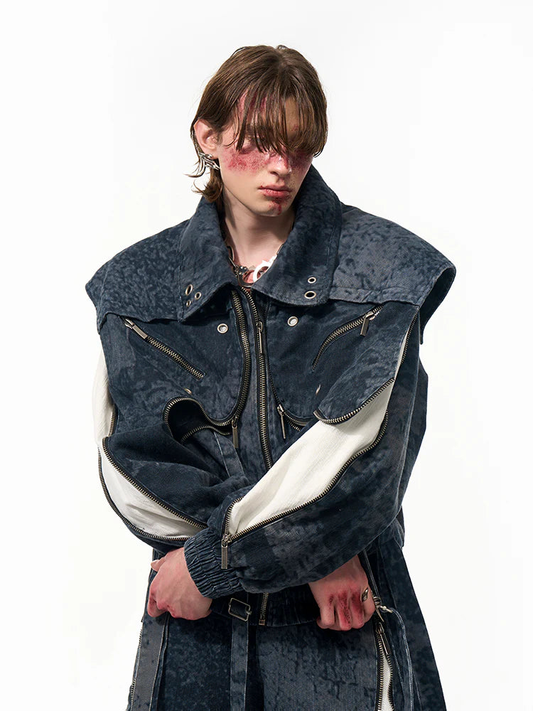 Fake Layered Patchwork Zipper Denim Jacket