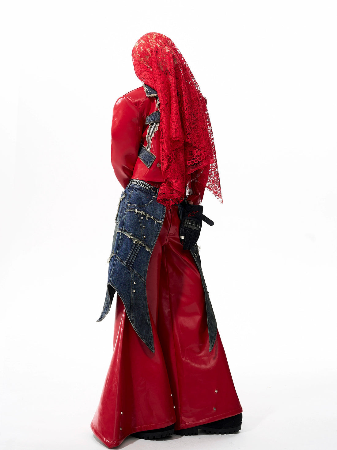 Techwear Style Leather Splicing Jacket And Wide Leg Pant Set