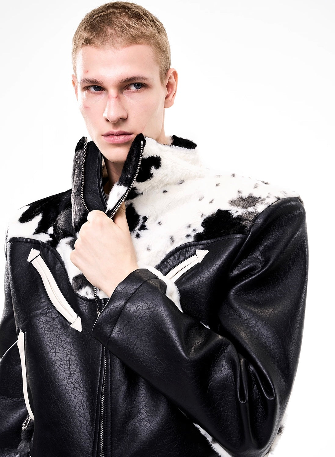Cow Print Fur And Leather Contrast Splicing Jacket