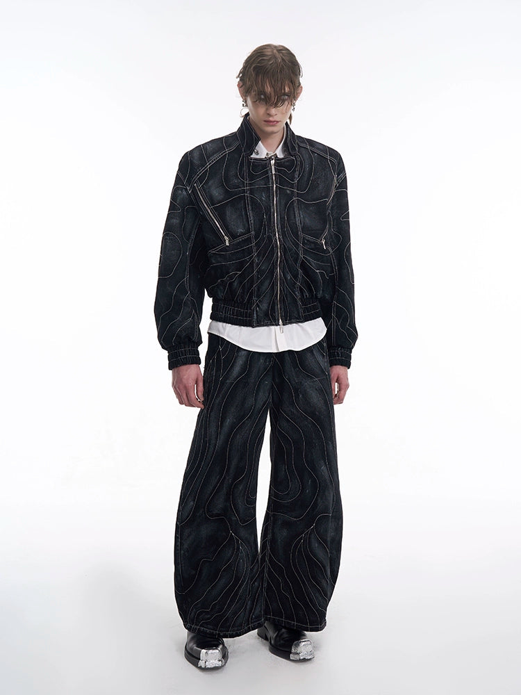 Lined Patchwork Zipper Loose Denim Pants