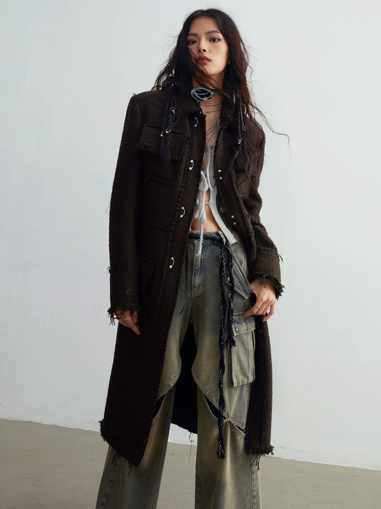 Tweed Raw Edge Tassels Long Coat