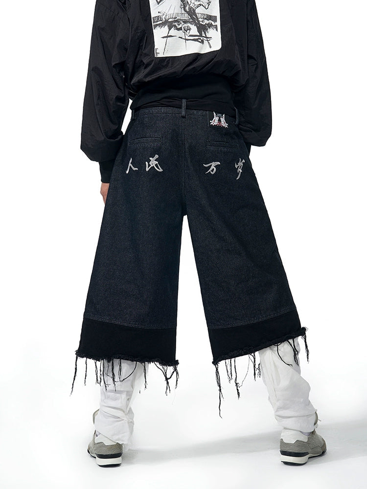 Graffiti Art Embroidered Tassel Denim Long Short