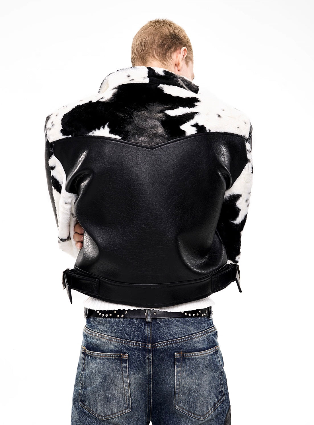 Cow Print Fur And Leather Contrast Splicing Jacket