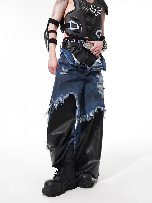 Fake Layered Raw Edge Wide-Leg Denim Pants