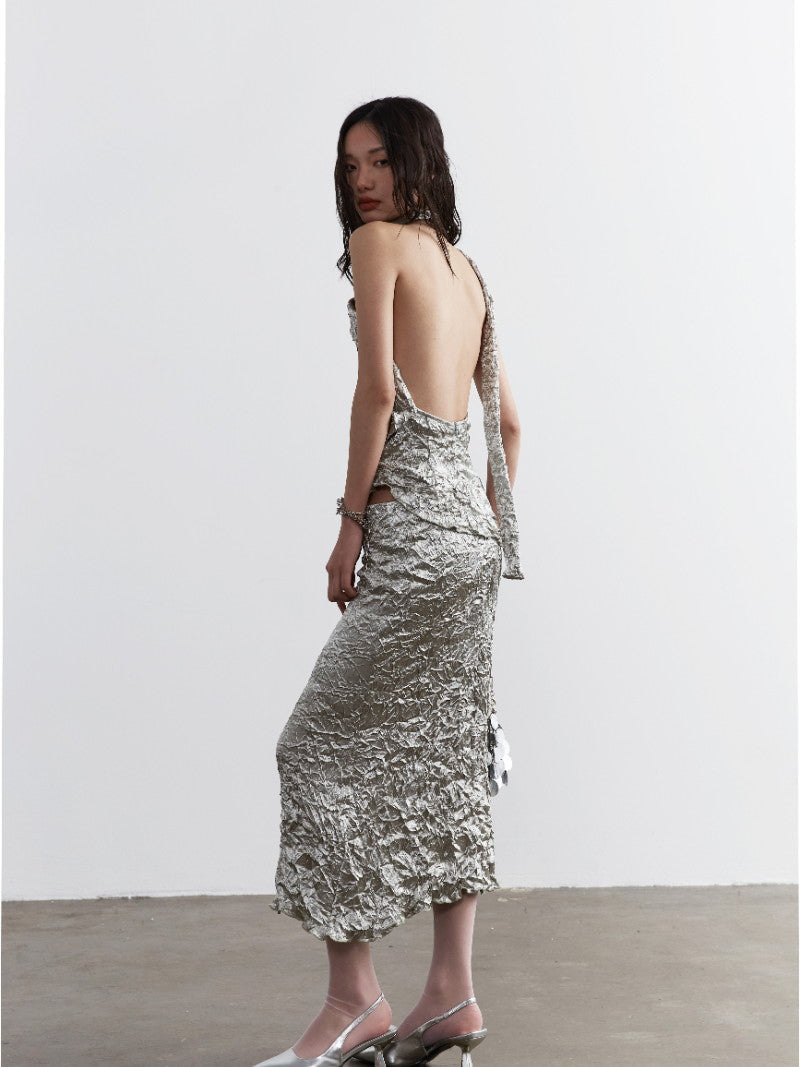 Textured Pleated Backless Tank Top And Skirt Set