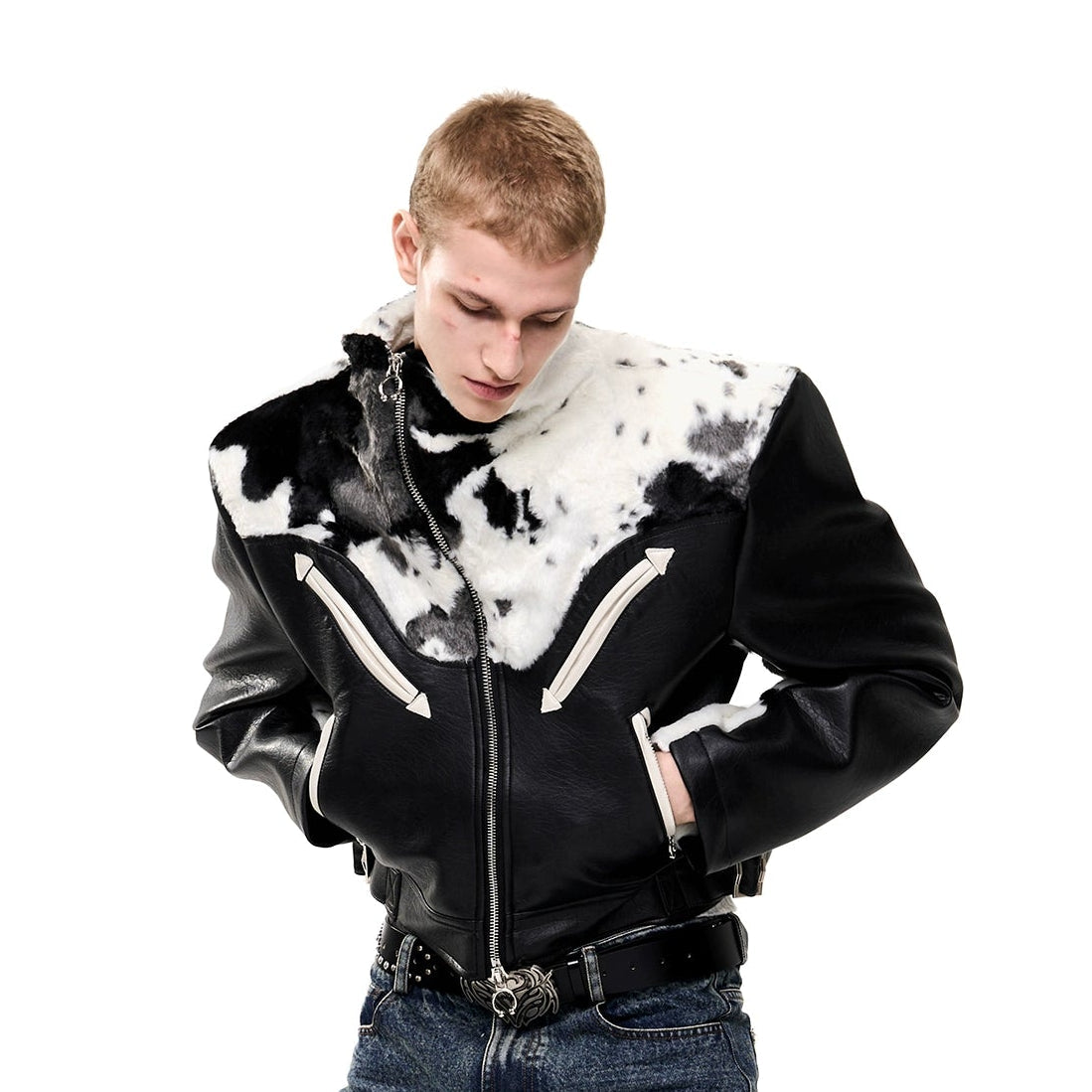 Cow Print Fur And Leather Contrast Splicing Jacket