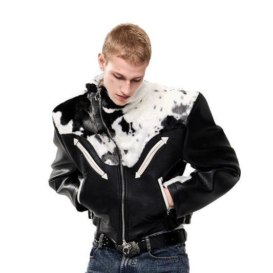 Cow Print Fur And Leather Contrast Splicing Jacket