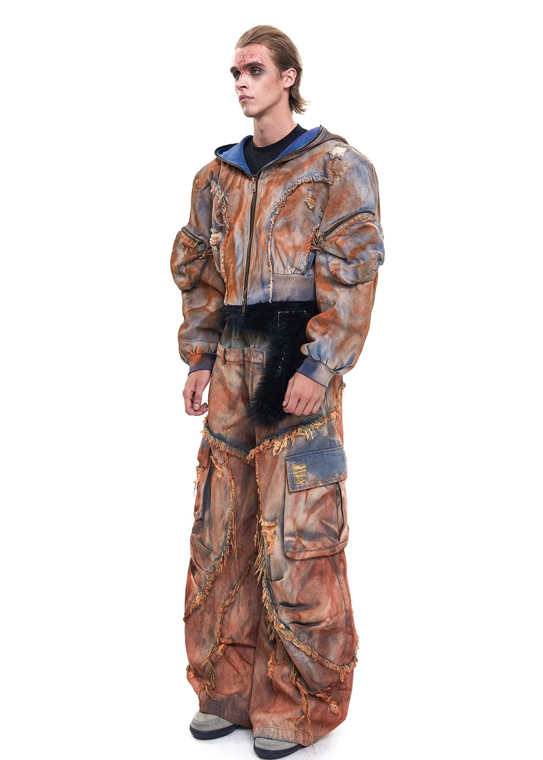 Mud Dye Raw Hem Hooded Jacket And Pant