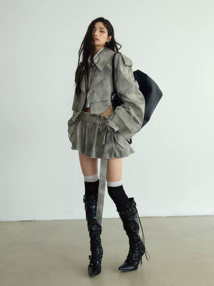Camouflage Belted Skirt And Jacket