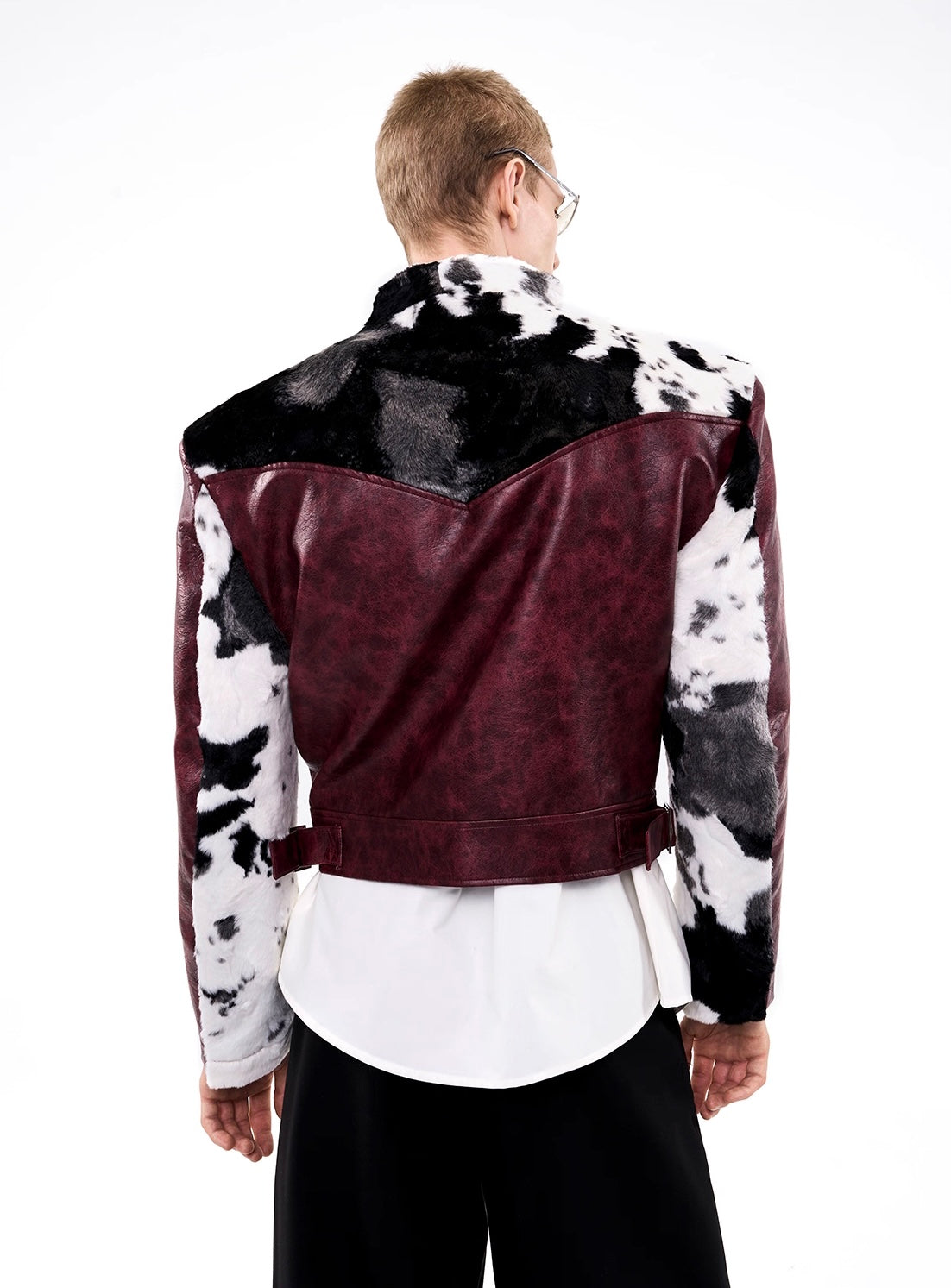 Cow Print Fur And Leather Contrast Splicing Jacket