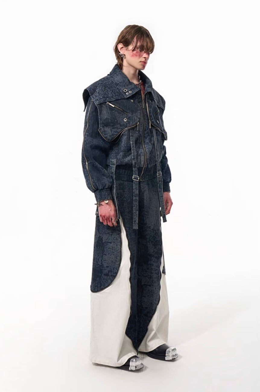 Fake Layered Patchwork Zipper Denim Jacket
