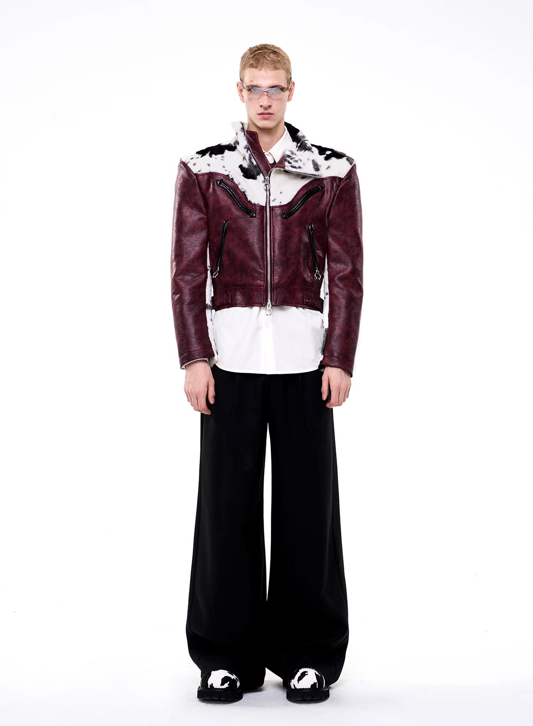 Cow Print Fur And Leather Contrast Splicing Jacket