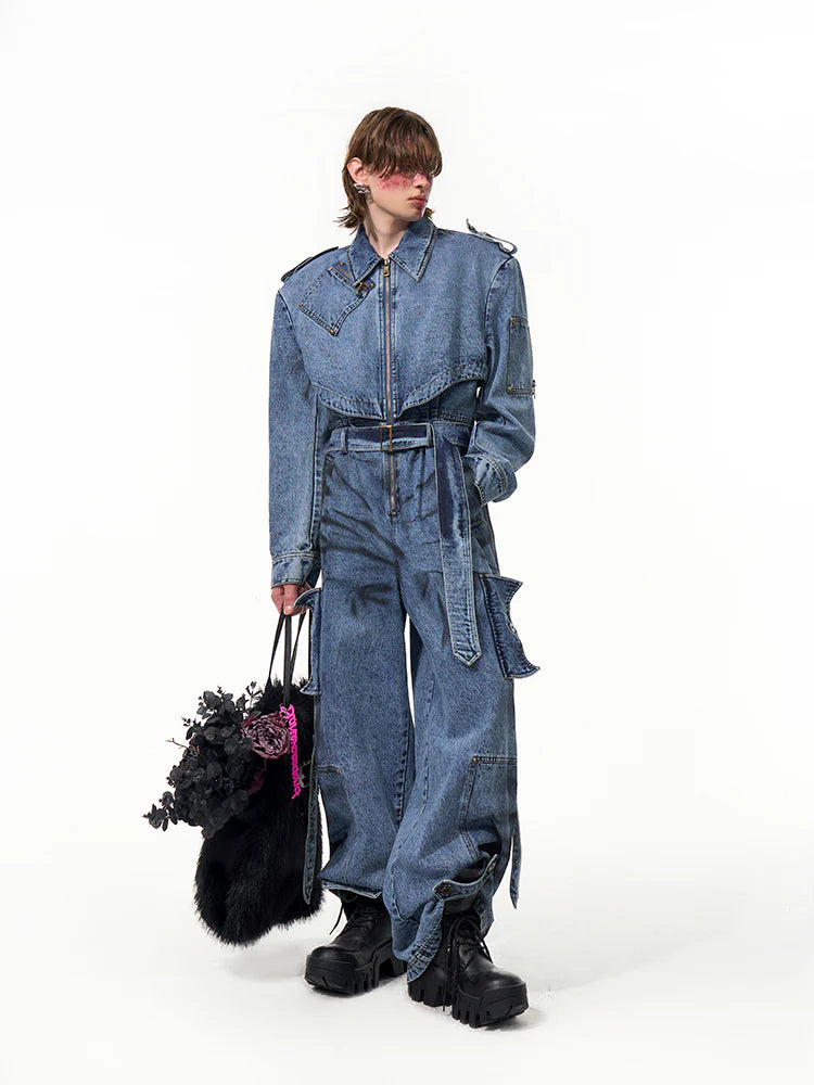 Tie-Dyed Zipper Pocket Denim Jumpsuits