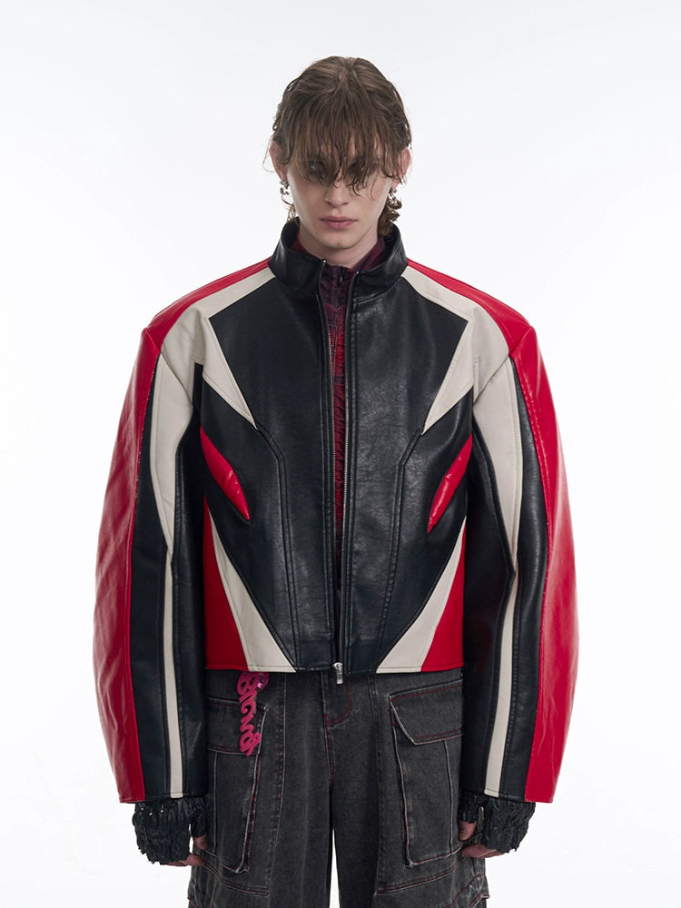 Curved-Sleeve Leather Racer Jacket