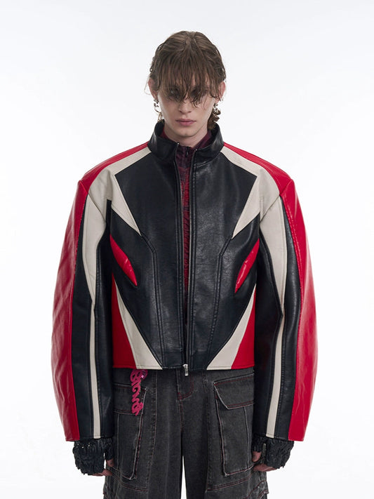 Curved-Sleeve Leather Racer Jacket