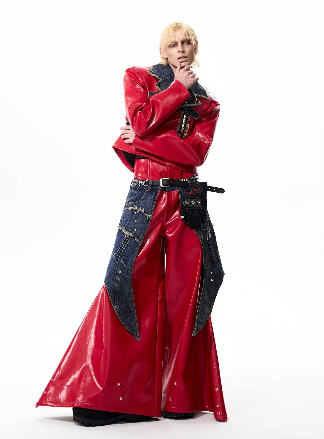 Techwear Style Leather Splicing Jacket And Wide Leg Pant Set