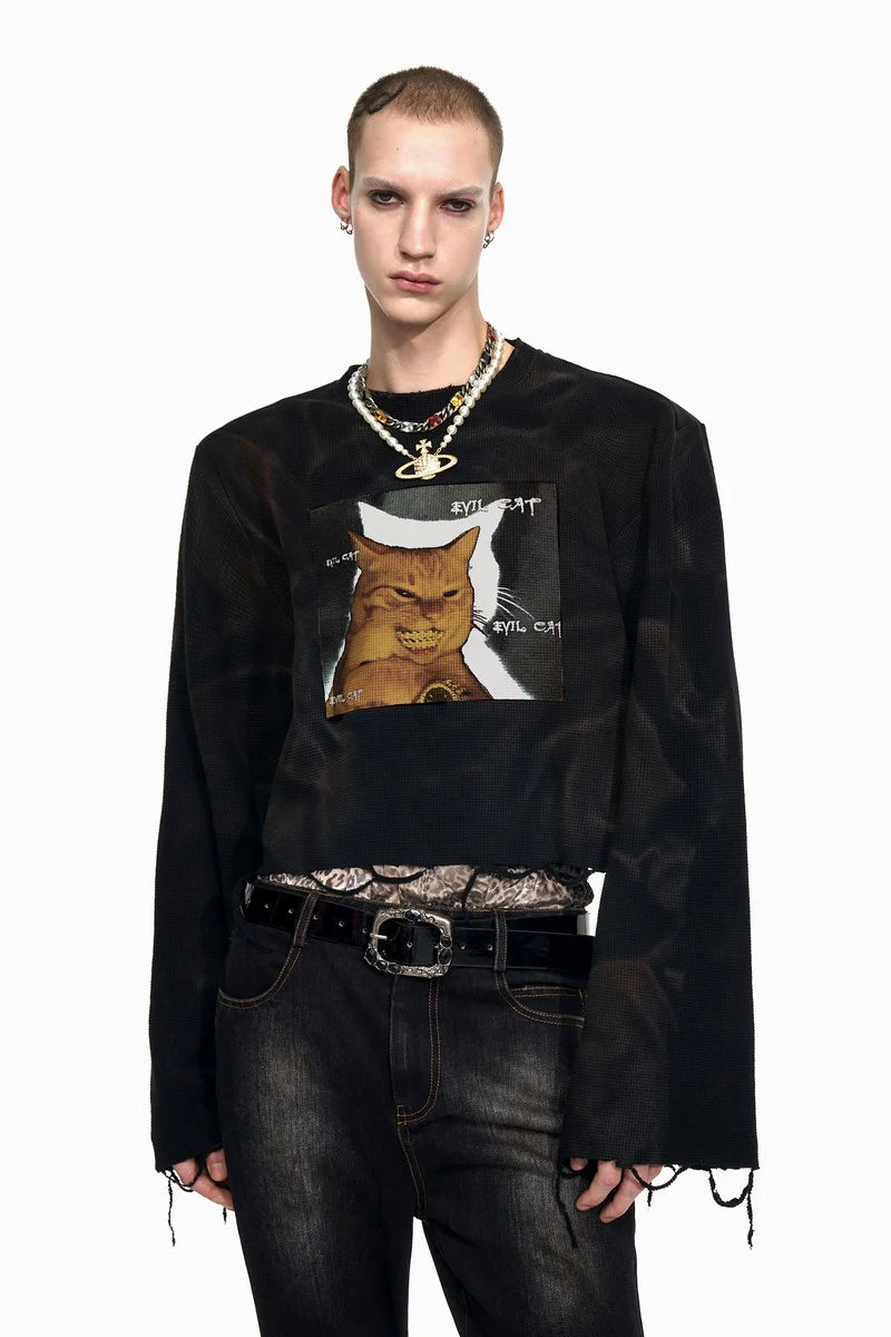 Graphic Distressed Long-Sleeve Top