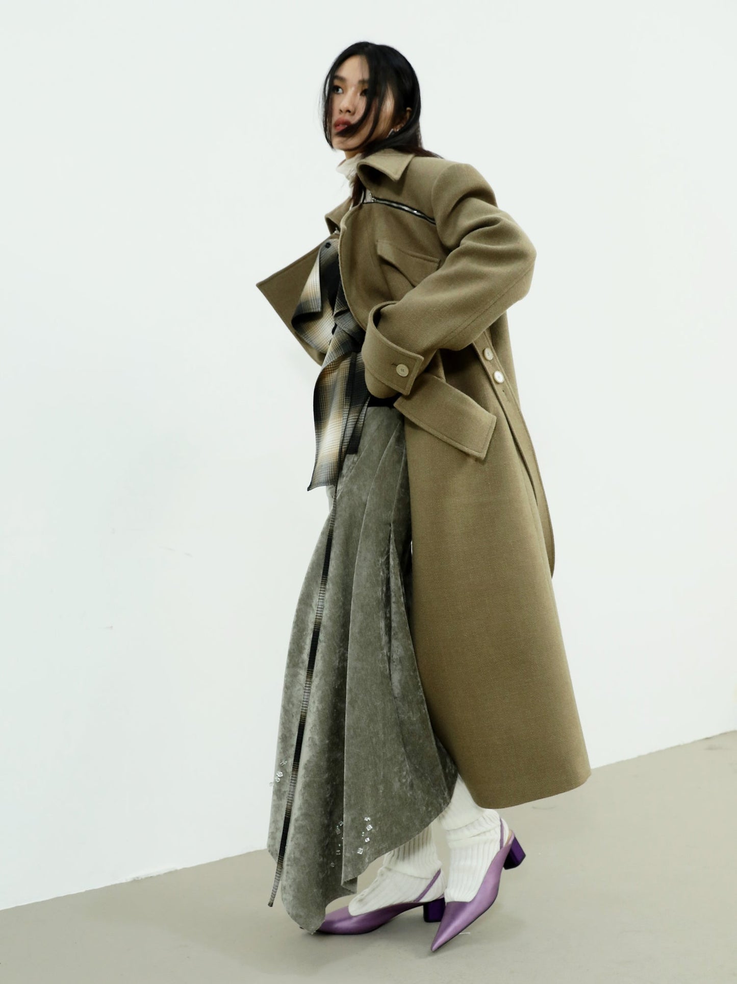 Asymmetrical Long Belted Trench Coat