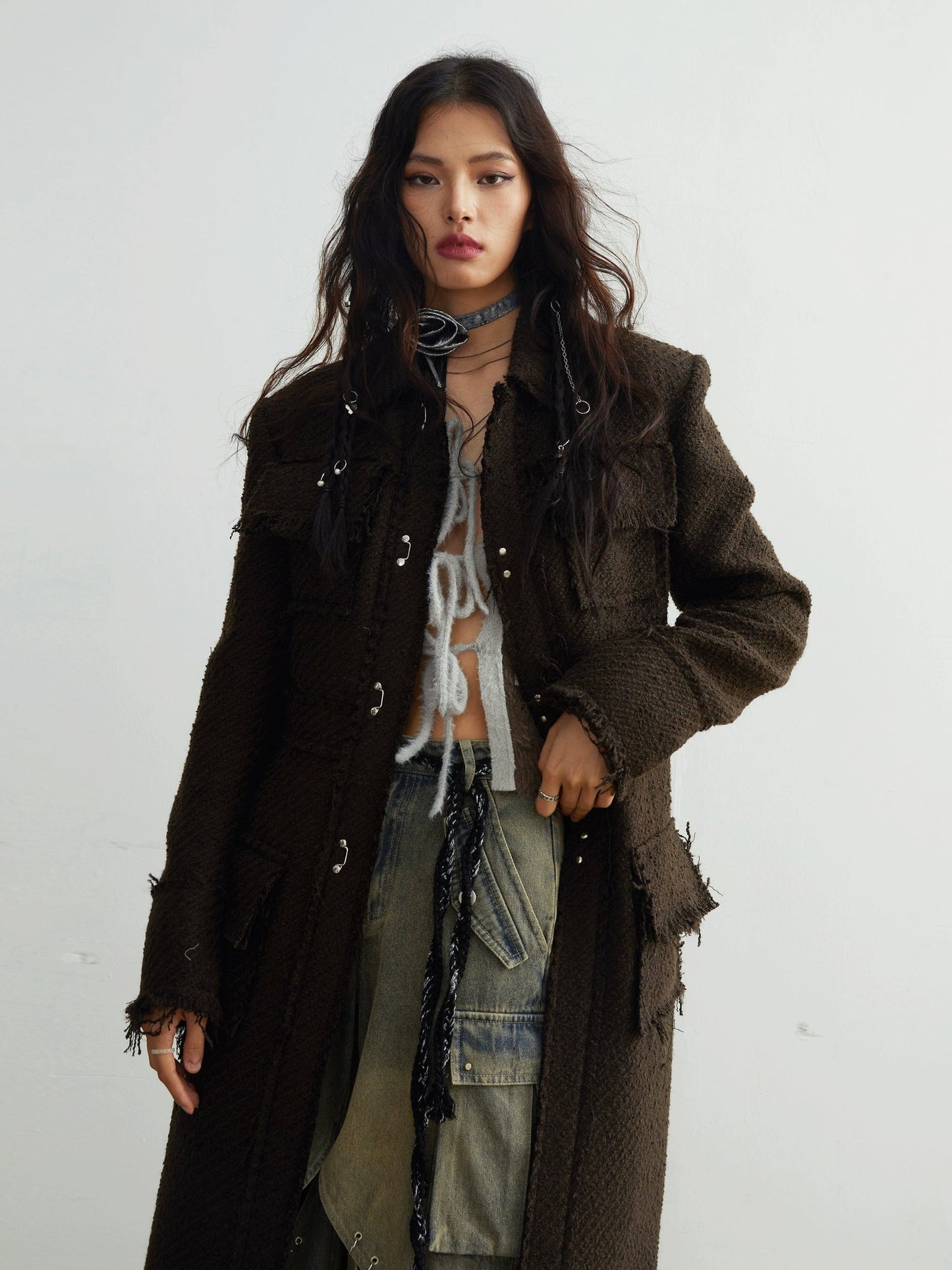 Tweed Raw Edge Tassels Long Coat