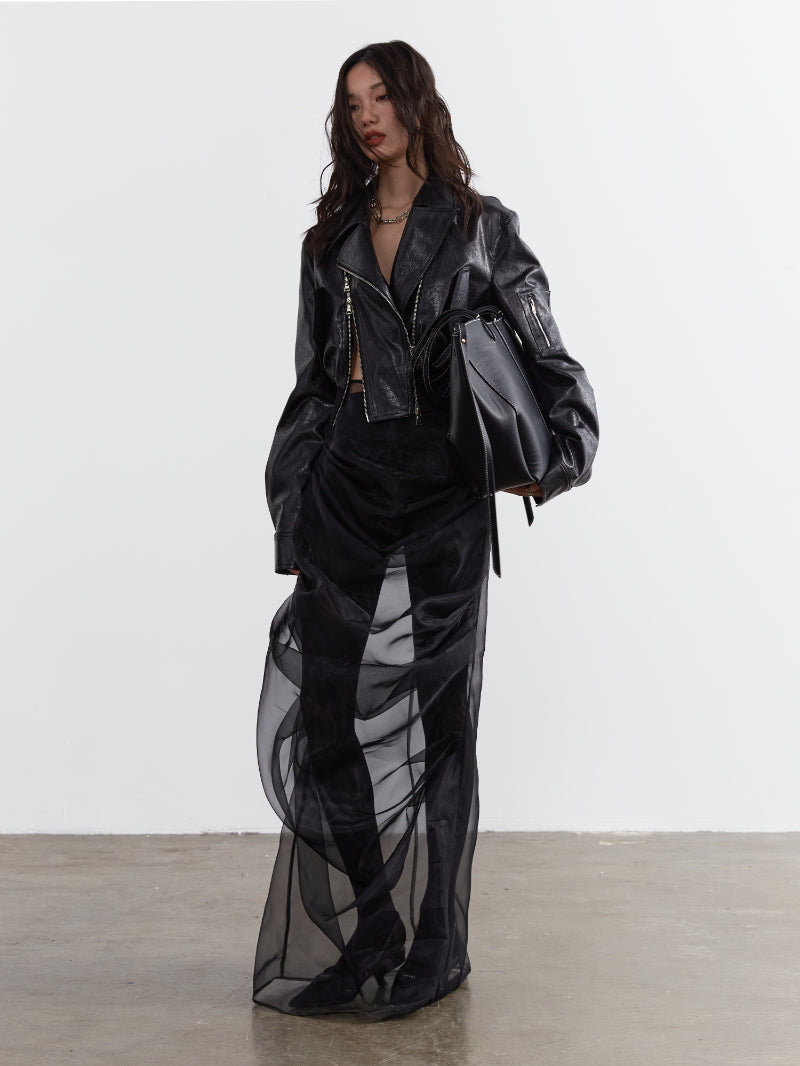 High-Waist Sheer Flare Pleated Skirt