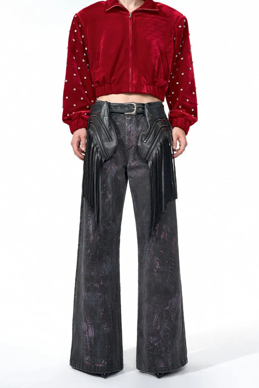 Detachable Tassel Waist-Bag Straight Wide-Leg Pant